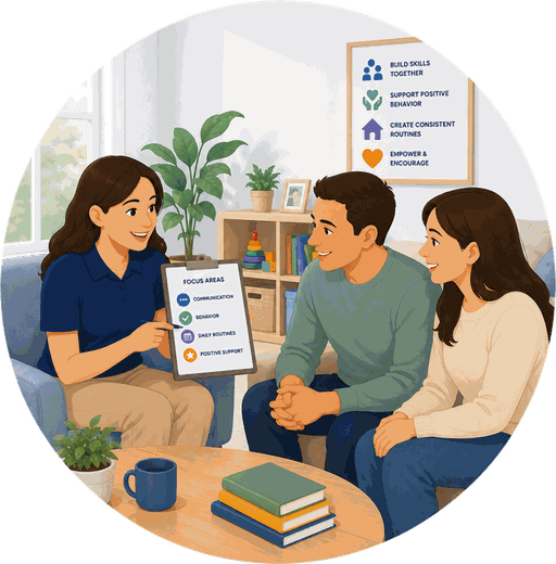 Una terapeuta revisando áreas de enfoque con dos padres durante una sesión de capacitación para cuidadores.